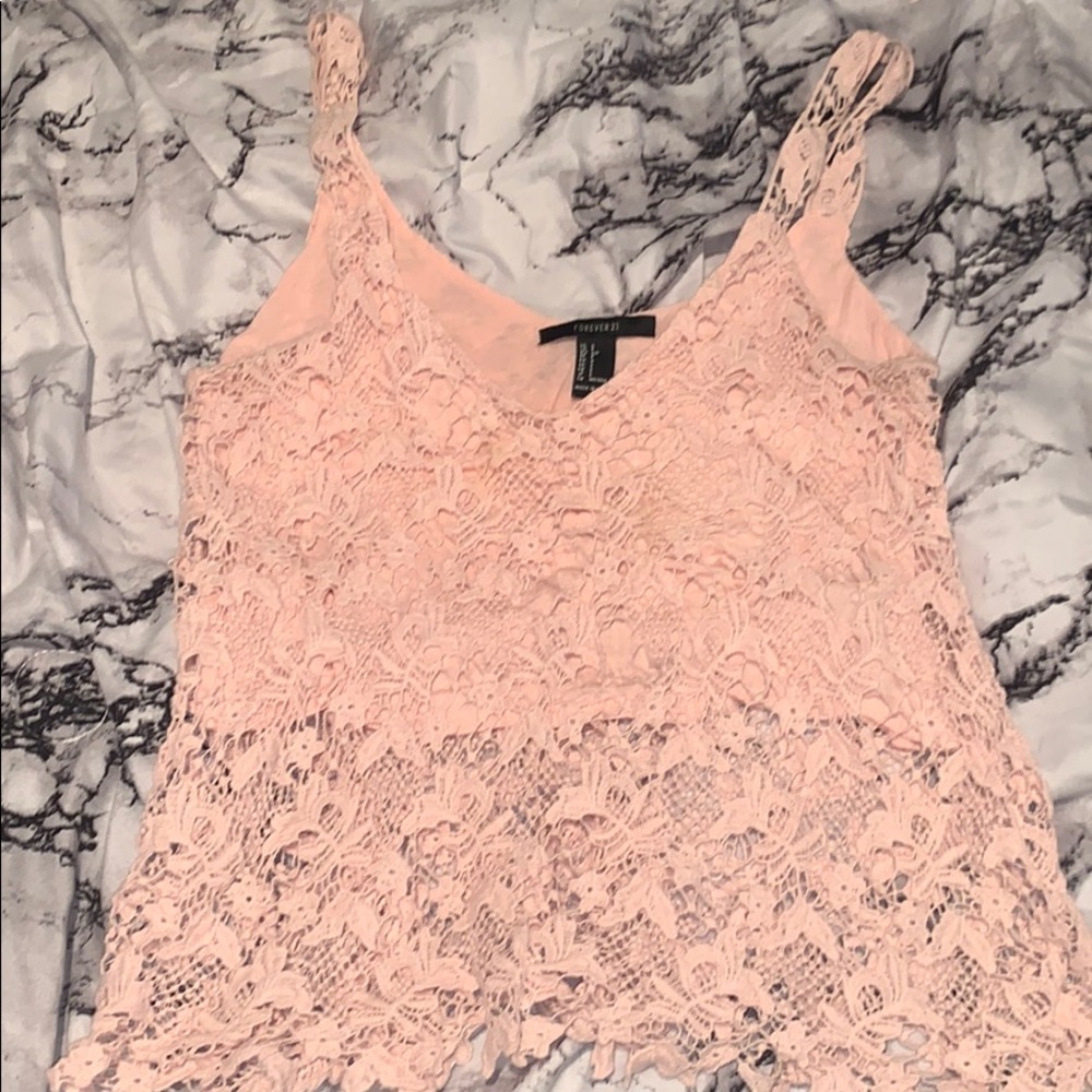 Pink lace partially see through crop top